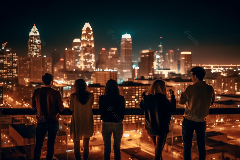 阳台上一群年轻人欣赏都市夜景背影,高清,摄影图,摄影图片,图片大全,摄影图免费下载